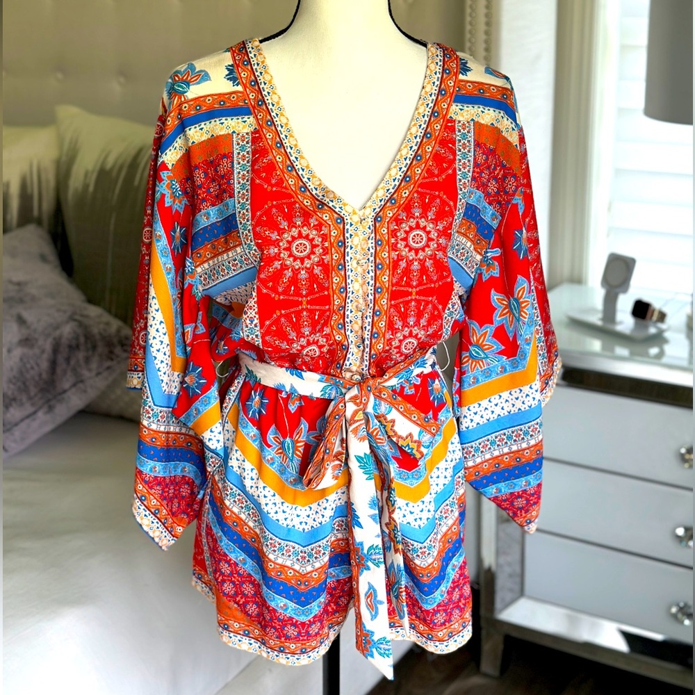 Boho print Romper w/Wide open sleeves